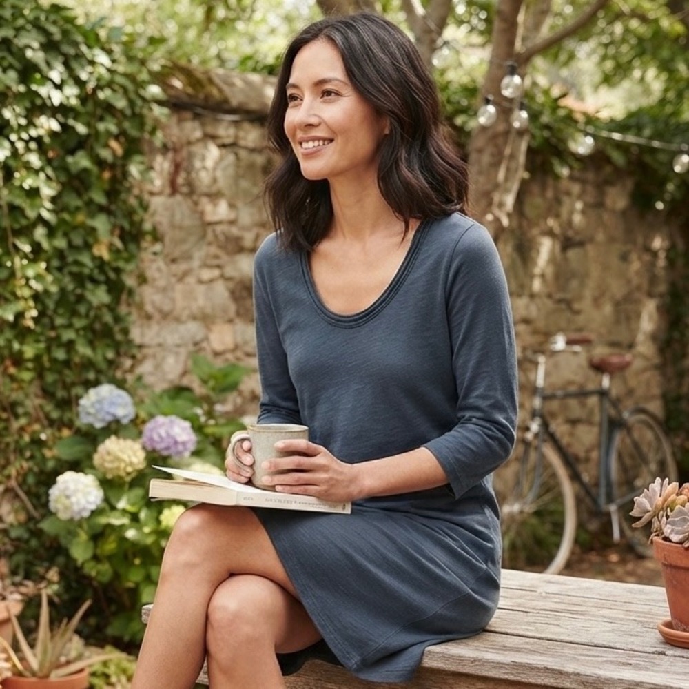 Garnet Hill Slate Blue Cotton Blend Pleated Scoop Neck 3/4 Sleeve Dress Small